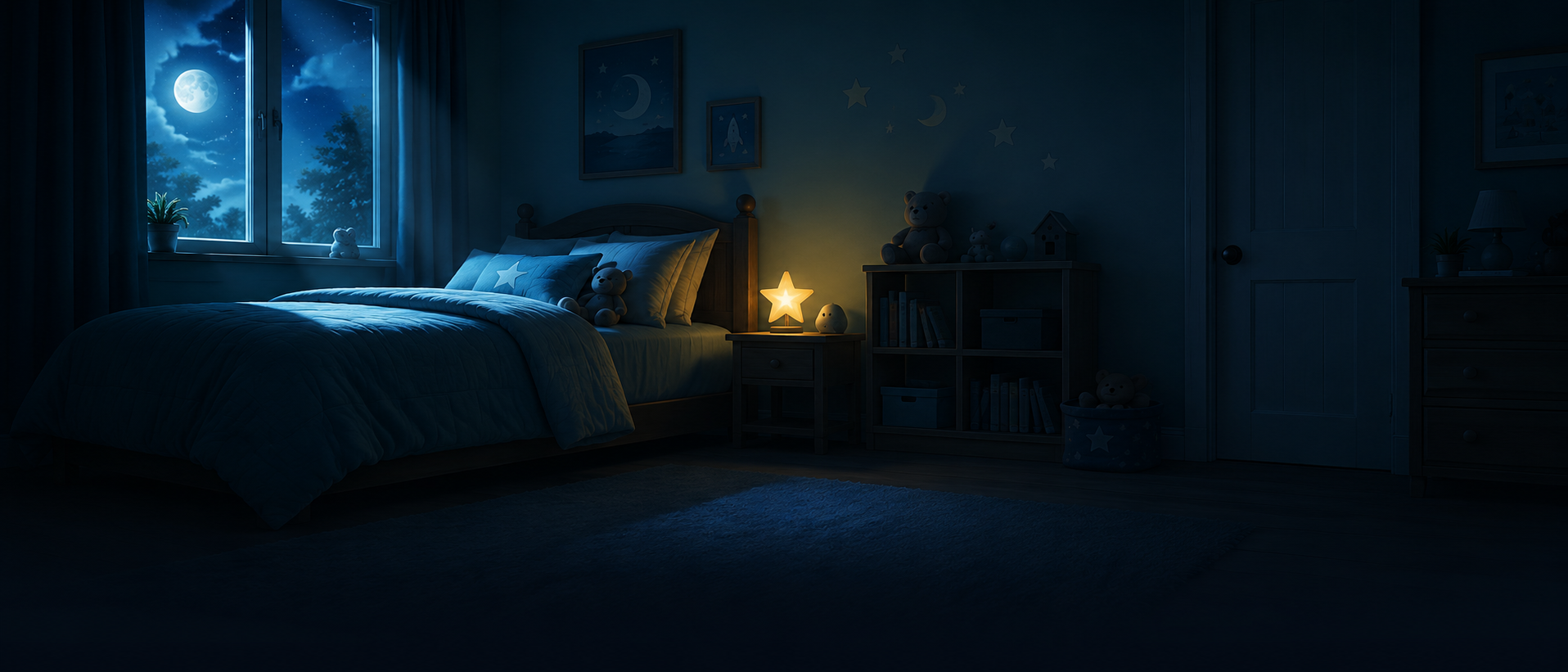A child's darkened bedroom at night, moonlight through the window and a small nightlight glowing beside the bed