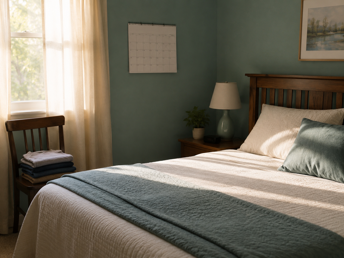An empty, sunlit child's bedroom in the morning, with a calendar on the wall and clothes folded on a chair