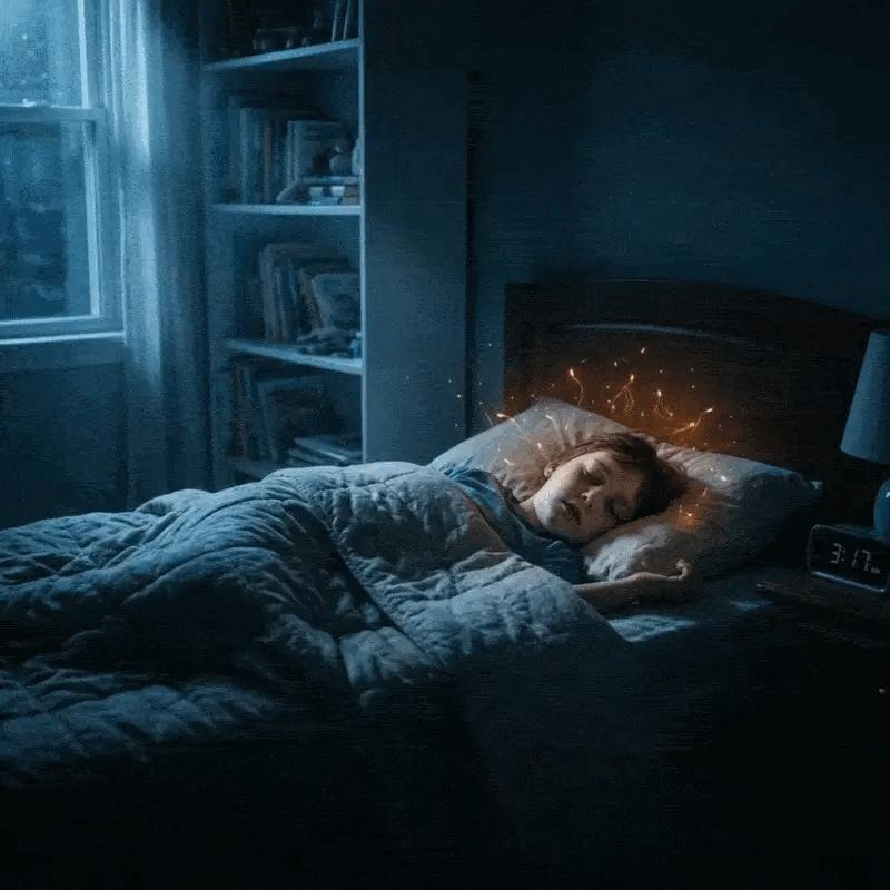 Animated illustration of a sleeping child with a gentle glowing signal, representing the moment the sensor detects wetting