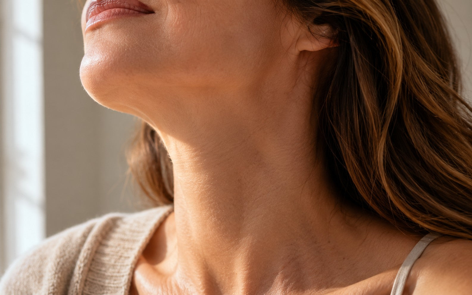 Close-up comparison of neck skin, before and after